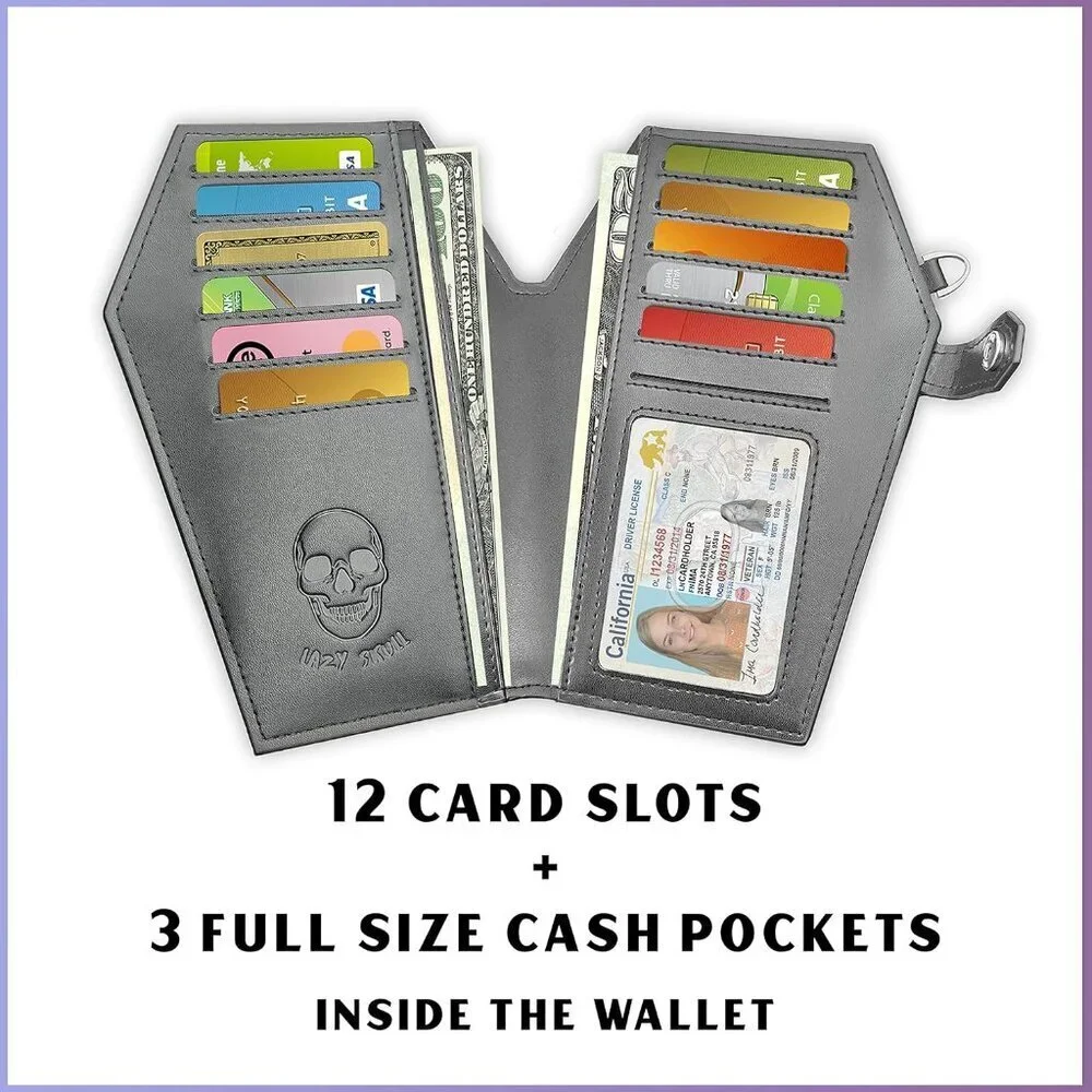 Gothic Faux Leather Coffin Wallet with Skull Design Zipper Snap Closure Women